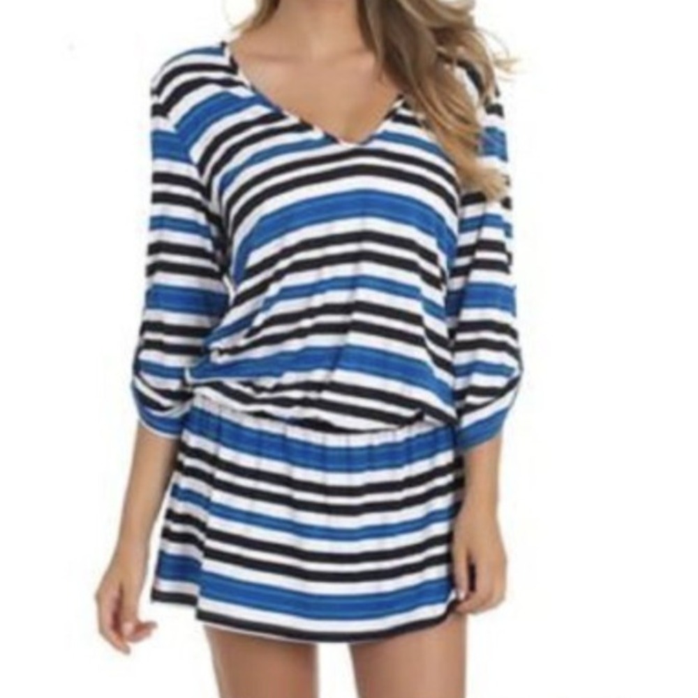 Nautica Striped Blouson Mini Dress Sz S Blue White Navy V-Neck 3/4 Sleeve Chic